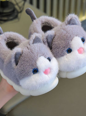 冬季新款可爱猫咪儿童棉拖鞋男孩厚底防滑包跟保暖宝宝女室内毛拖