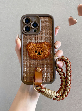 小香风绒布卡其毛绒熊适用oppreno15手机壳reno14/13/12pro新款reno11腕带reno10可爱findx9全包A5x/A6防摔套