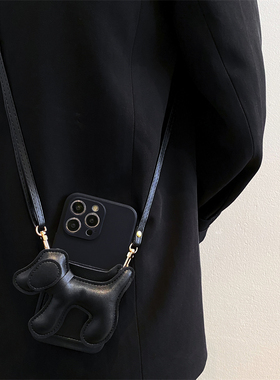 简约小狗卡包斜挎适用iphone17promax手机壳16pro皮质苹果15promax女13小众14高级感12/11全包xs背带xr保护套