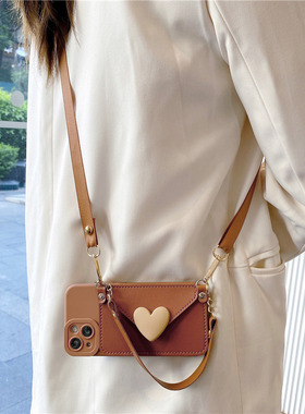 奶咖色爱心零钱包适用opporeno15手机壳reno14/13/12pro斜挎reno11挂绳reno10全包A6简约A5/A3个性findx9/8女