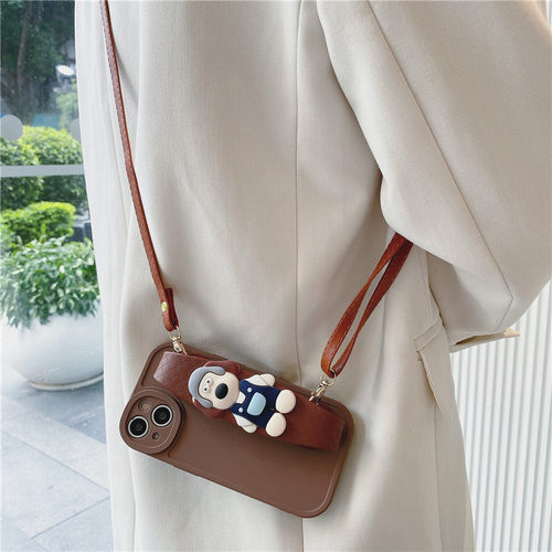 棕色卡通狗手腕带斜挎挂绳手机壳