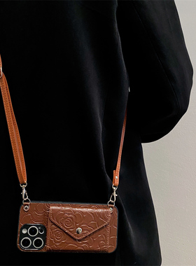 复古山茶花卡包适用opporeno15手机壳reno14/13/12pro新款reno11斜跨reno10挂绳findx8/7皮质A2女A3pro防摔套