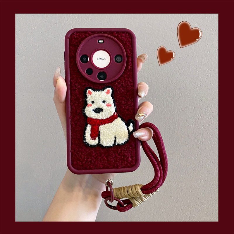 秋冬毛绒围巾小狗适用华为pura80pro+手机壳pura70pro新款mate80斜跨mate70/60pro挂绳p60个性nova14/13/12女