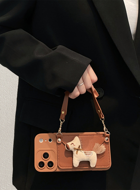 奶咖色小马卡包适用opporeno15手机壳reno14/13/12pro斜跨挂绳reno11手提reno10女findx9创意A6防摔A5x保护套