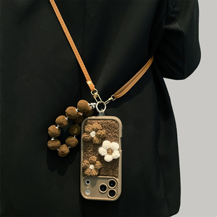 棕色立体毛绒花朵适用华为pura70pro手机壳pura80全包mate80pro软壳mate70/60斜跨p60pro手链女nova14/13新潮