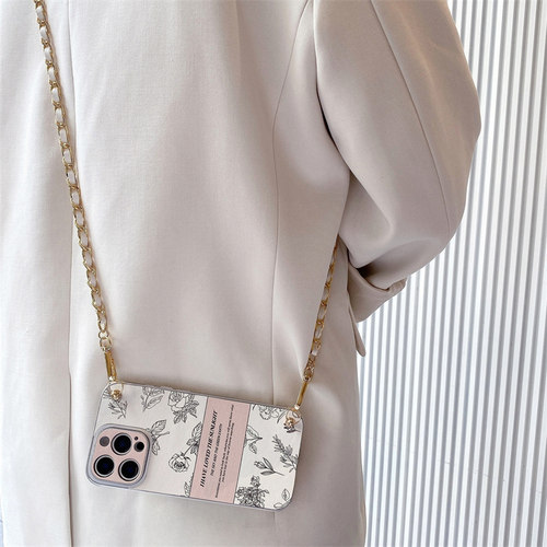 轻奢皮纹素描山茶花手机壳带链条