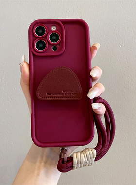 酒红皮质支架适用opporeno15手机壳reno14新款reno13/12/11pro斜挎findx9/8挂绳reno10手提A6防摔A3/A5保护壳