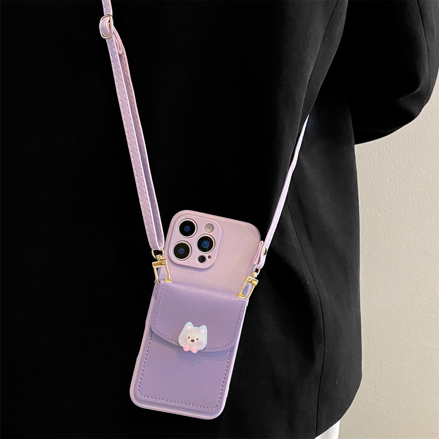 紫色西高地狗狗卡包适用苹果16promax手机壳新款iPhone15可背带14斜挎挂绳16plus小清新13全包11防摔12硅胶套