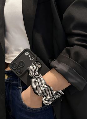 黑色格子丝巾腕带适用华为pura70pro手机壳mate70/60pro保护套pura80女p60简约mate80新款nova14/13/12防摔套