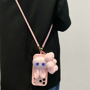 粉色毛绒朱迪兔子适用苹果17promax手机壳iPhone16pro新款14防摔13/12女款11创意15promax卡通plus斜跨带挂绳