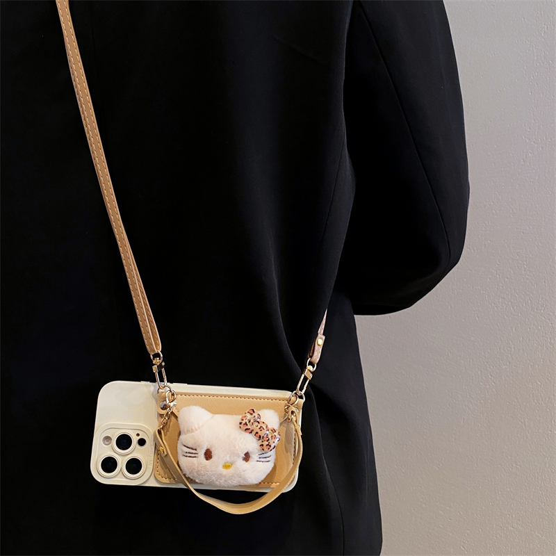 浅咖豹纹猫咪公仔零钱包手机壳