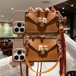 棕色立体小熊卡包适用iphone16promax手机壳苹果17pro斜挎13手提14pro防摔11背带12挂绳xs/xr硅胶15pro保护套
