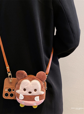 棕色毛绒米妮零钱包适用vivox300pro手机壳x200s斜挎x100挂绳x90卡通s30可爱s20/s19/s18女款s50全包y500防摔