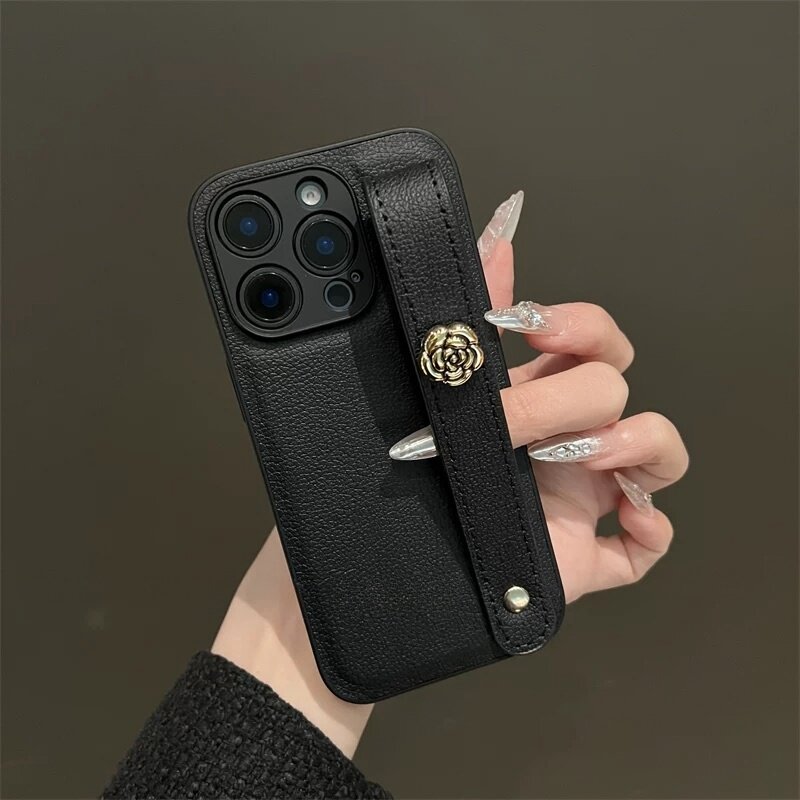 立体山茶花皮纹手腕带适用opporeno15手机壳reno14/13/12pro保护套reno11小众reno10简约reno9防摔findx9/8女