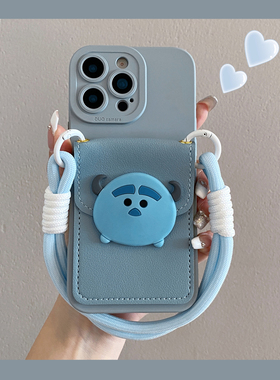 蓝色毛毛怪卡包适用于iphone16promax手机壳苹果17pro可背带13斜挎挂绳14卡通12/11可爱xsmax全包15pro防摔套
