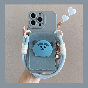 蓝色毛毛怪卡包适用于iphone16promax手机壳苹果17pro可背带13斜挎挂绳14卡通12/11可爱xsmax全包15pro防摔套