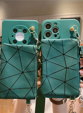 绿色菱格零钱包适用opporeno15手机壳reno14/13/12pro背包式reno11斜挎reno10挂绳findx9/8s全包A3/A5/A6防摔