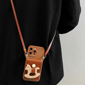 ins风棕色木马支架卡包适用vivox200手机壳x300pro新款 s17全包y500防摔套 s18 x90皮质x80斜跨s30背带s20 s19