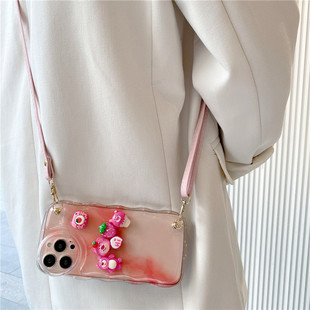 卡通立体小熊适用苹果17promax手机壳女iPhone16pro斜挎13背带14可调节挂绳15pro全包11硅胶软壳苹果12保护套