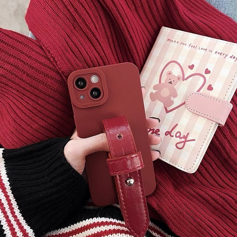 简约酒红手腕带防摔手机壳