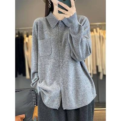 秋冬新款100%纯羊毛女POLO领针织开衫宽松休闲毛衣外套外搭上衣薄