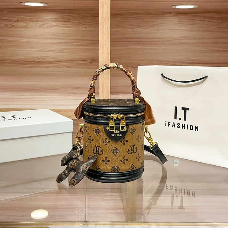 新款老花圆筒包轻奢百搭斜挎手提