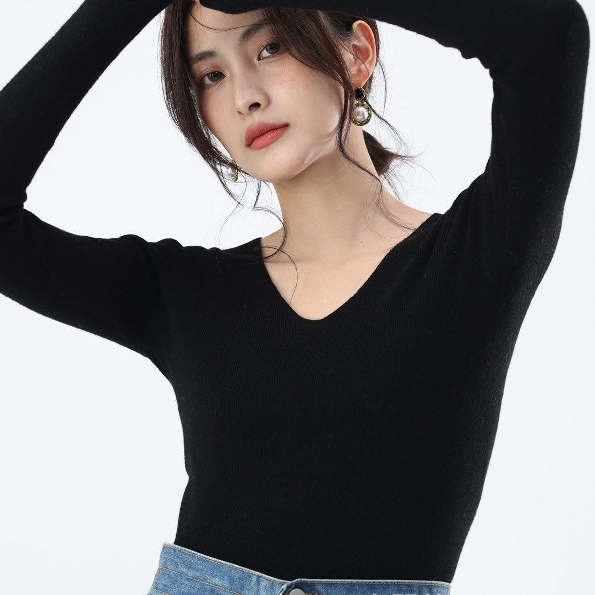 18针无缝美丽诺羊毛V领打底衫
