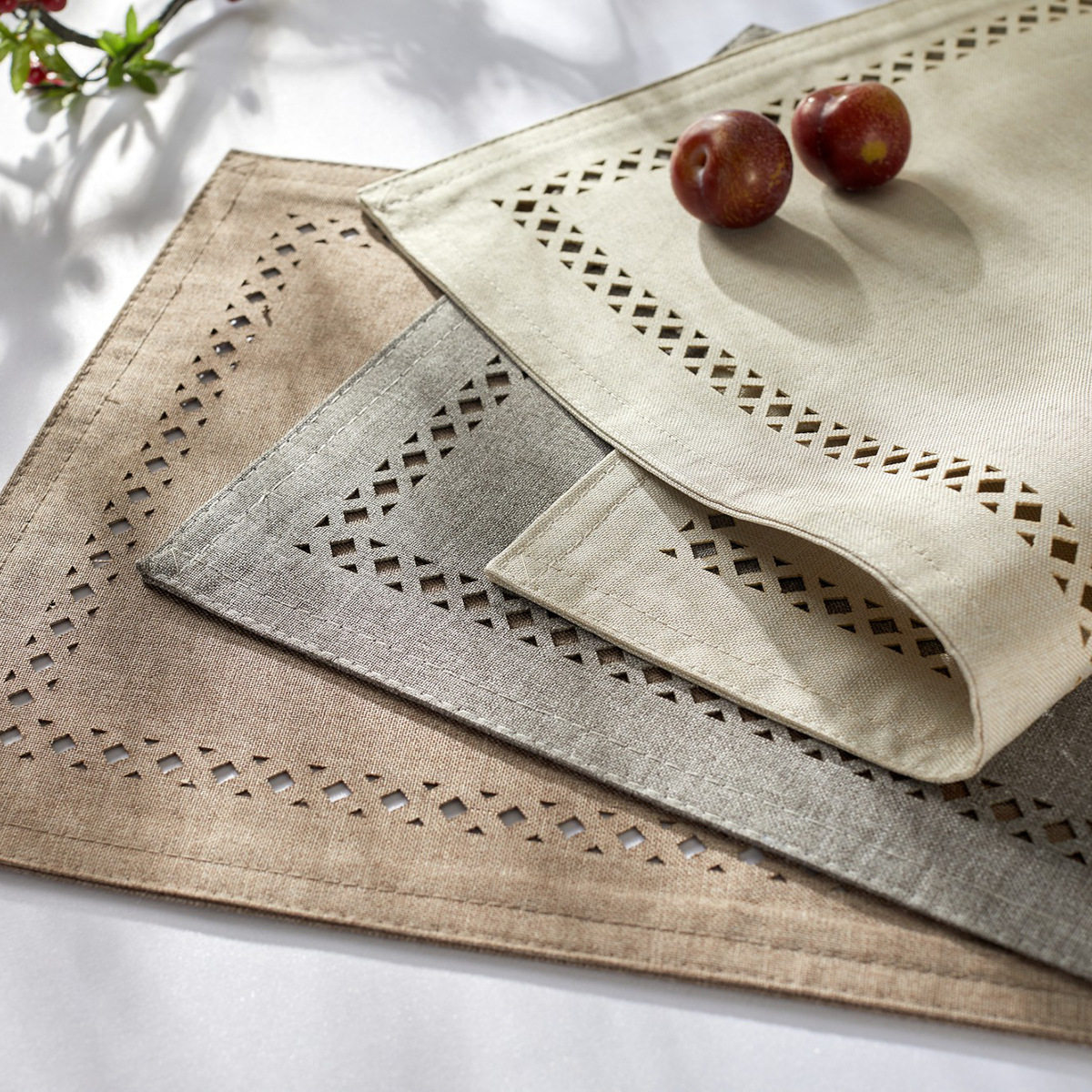 Linen square dining table mat wit hollow embroidery placemat