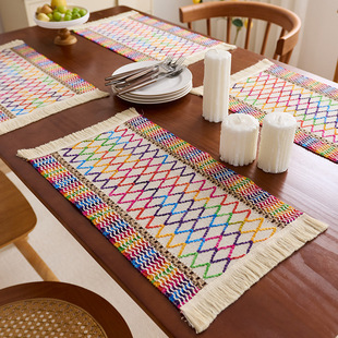 Tassel-patterne multi-color woven cotton tablecloth placemat