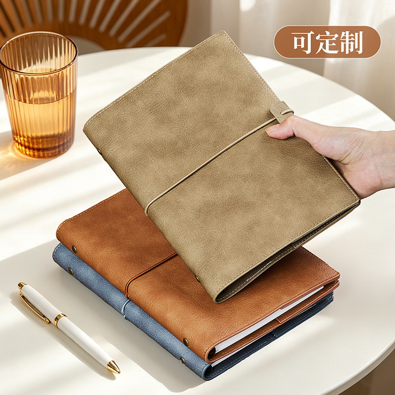 复古软皮面活页本外壳可拆卸替换内芯a5笔记本本子工作办公会议商务记事本高颜值绑带手账本日记本可定制LOGO - 实物图