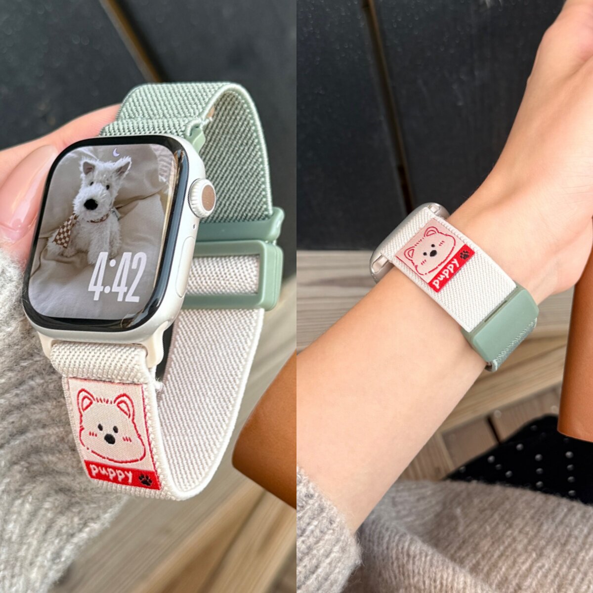 适用苹果s11表带applewatch10运动女款s9iwatchs8女款se3新款秋冬ultra秋冬款高级感西高地小狗拼色平纹尼龙