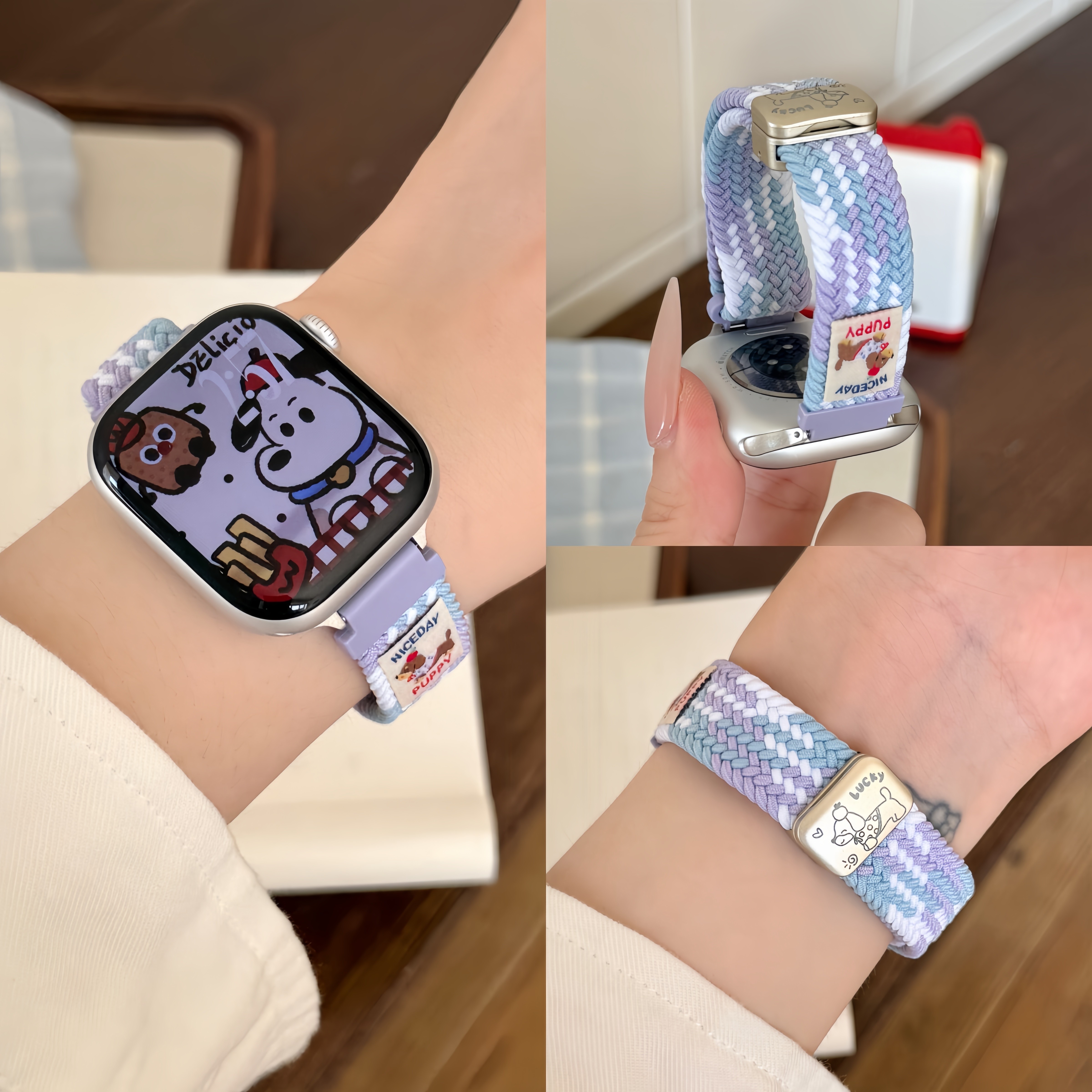 适用苹果apple watch10手表带iwatch8/9替换可爱小狗编织磁吸ultra3运动透气s7男女S11新款智能SE配件49mm潮图片