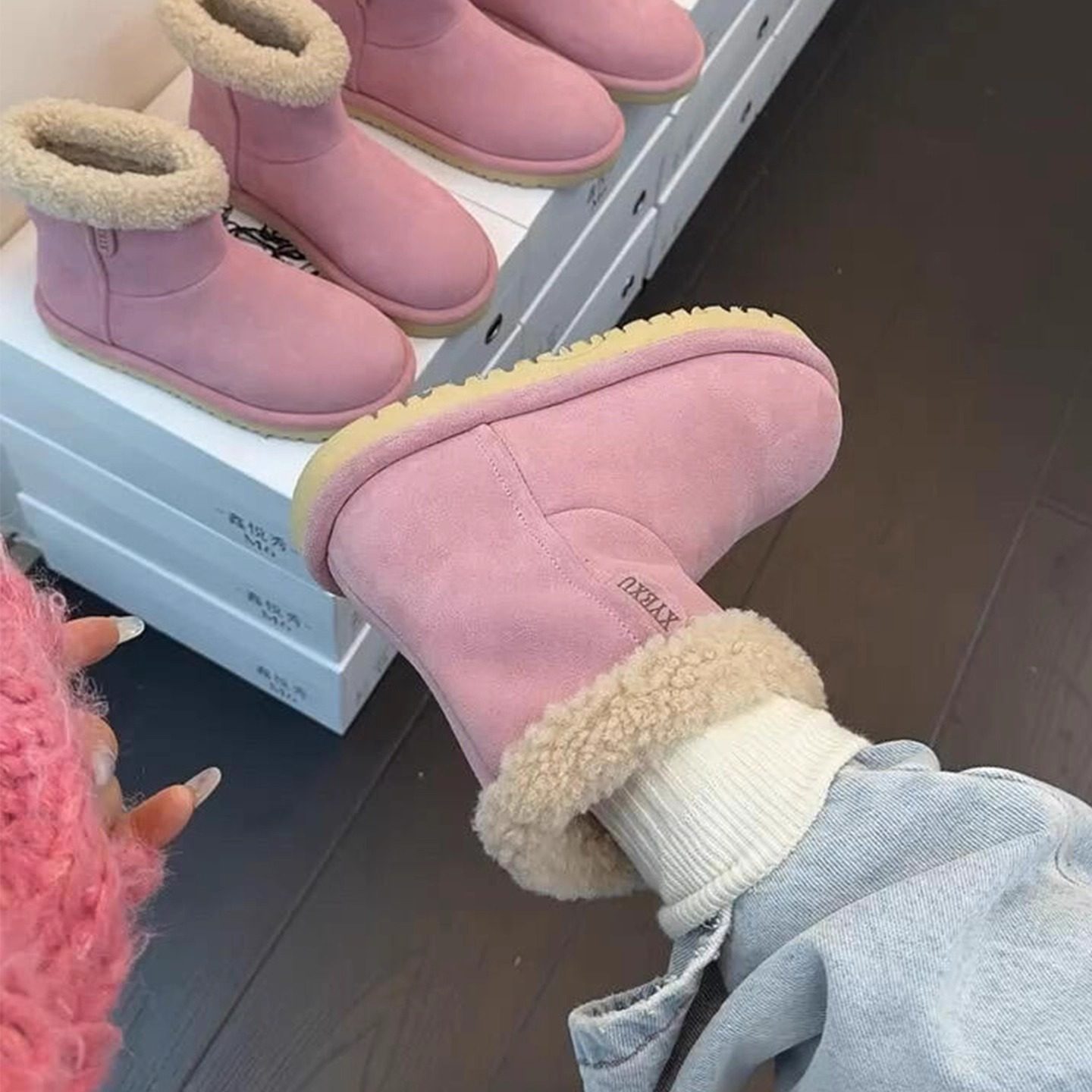 韩版粉色勃肯短靴女冬季新款羊羔毛加绒保暖棉靴子皮毛一体雪地靴,女鞋,时尚雪地靴,淘宝优惠券,粉丝福利购,淘宝优惠卷