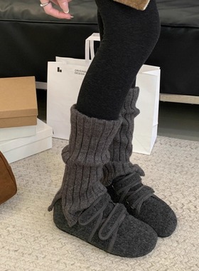 灰色高级感毛呢鞋2025秋冬季加绒毛毛鞋棉鞋魔术贴厚底鞋子勃肯鞋