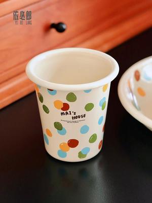 老麦【自制】INS波点搪瓷咖啡杯儿童喝水杯漱口杯燕麦碗早餐盘