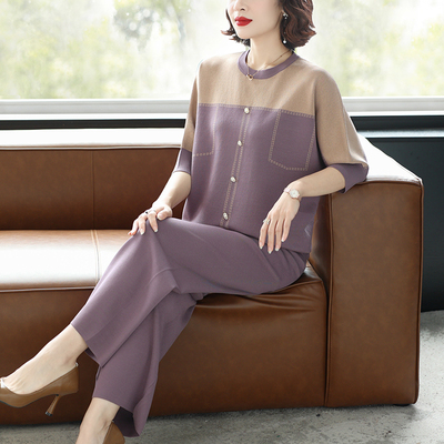 浅缕新款贵夫人花色圆领中老年女