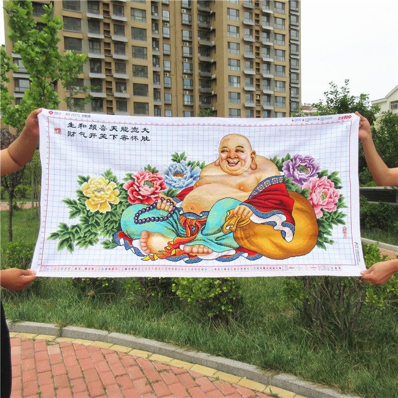 纯手工十字绣成品笑口常开富贵高升大肚弥勒佛像客厅手秀好的出售
