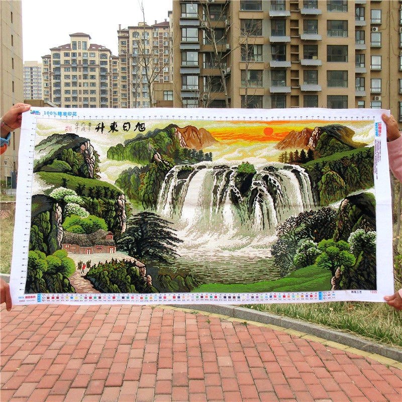 纯手工十字绣成品旭日东升客厅山水风景画人工绣好的出售流水生财