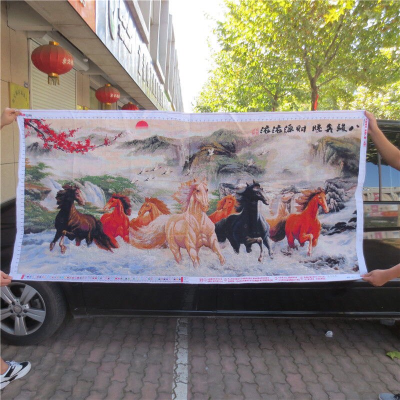 出售纯手工十字绣成品客厅八骏奔腾马到成功壮丽河山山水画绣好的
