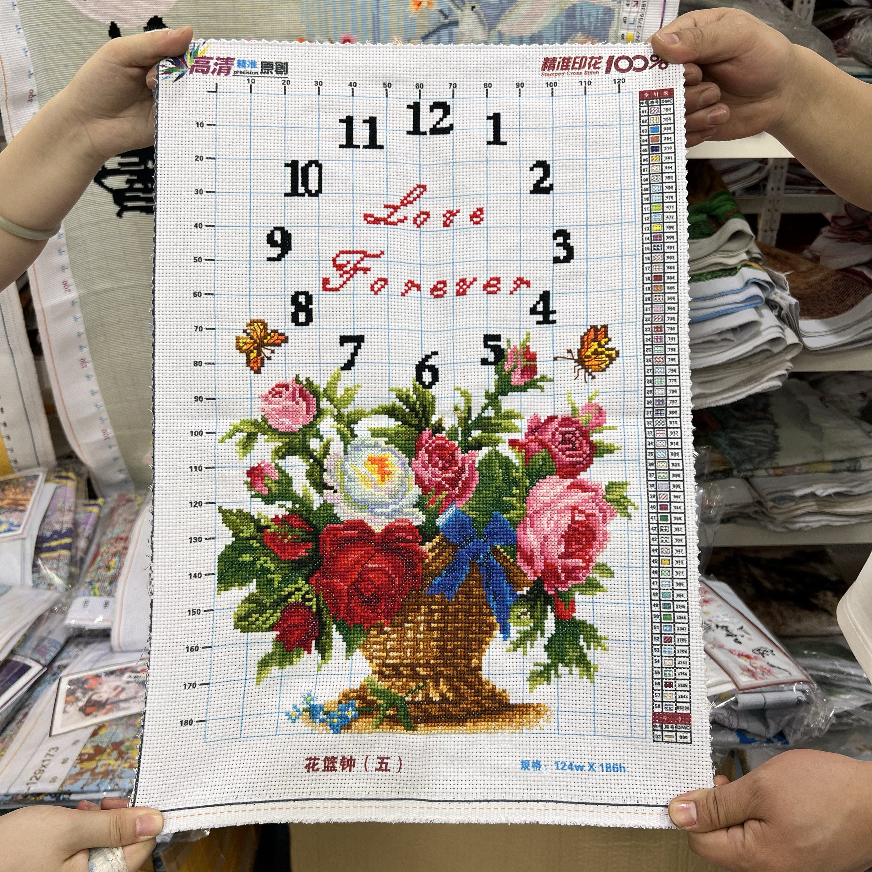 纯手工十字绣成品新款花篮钟表蝴蝶繁花挂钟表客厅餐厅装饰画