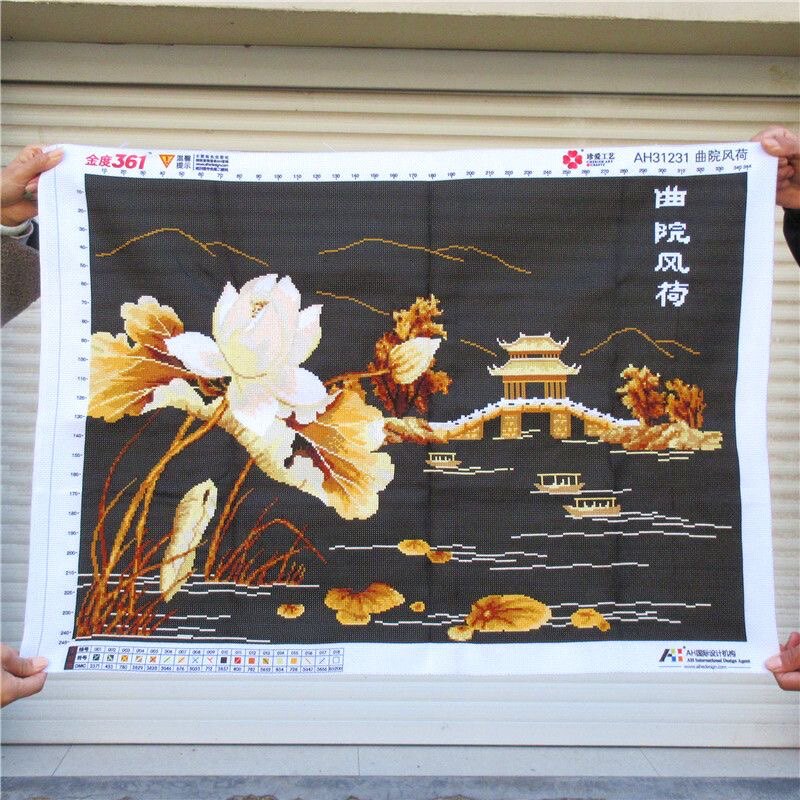 爱络3D纯手工十字绣成品曲院风荷荷花小幅餐厅饭厅挂画绣好的出售