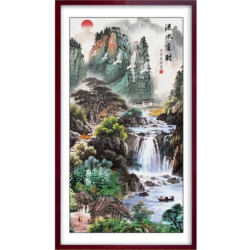 纯手工绣好的十字绣成品竖版流水生财山水画客厅玄关新款挂画出售,居家布艺,十字绣成品,淘宝优惠券,粉丝福利购,淘宝优惠卷