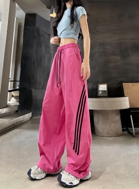 多巴胺速干阔腿裤女2026夏季新款宽松直筒休闲条纹弯刀工装运动裤