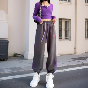 百搭高腰显瘦束脚哈伦裤 欧美休闲运动裤 条纹宽松卫裤 新款 子 女春季