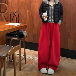 美式红色加绒运动裤女2025秋冬新款宽松休闲卫裤垂感阔腿工装裤潮