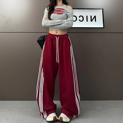 美式复古侧边三条杠运动裤女