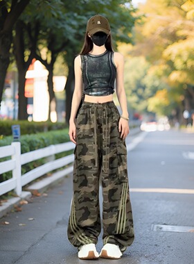 欧货迷彩工装裤女2026春季新款美式潮牌卫裤宽松阔腿运动休闲裤子