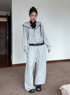 休闲运动套装女春秋美式复古炸街灰色连帽卫衣高腰阔腿裤两件套潮