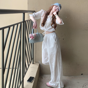夏日绝美小套装韩系设计感荷叶边镂空刺绣衬衫女白色阔腿裤两件套