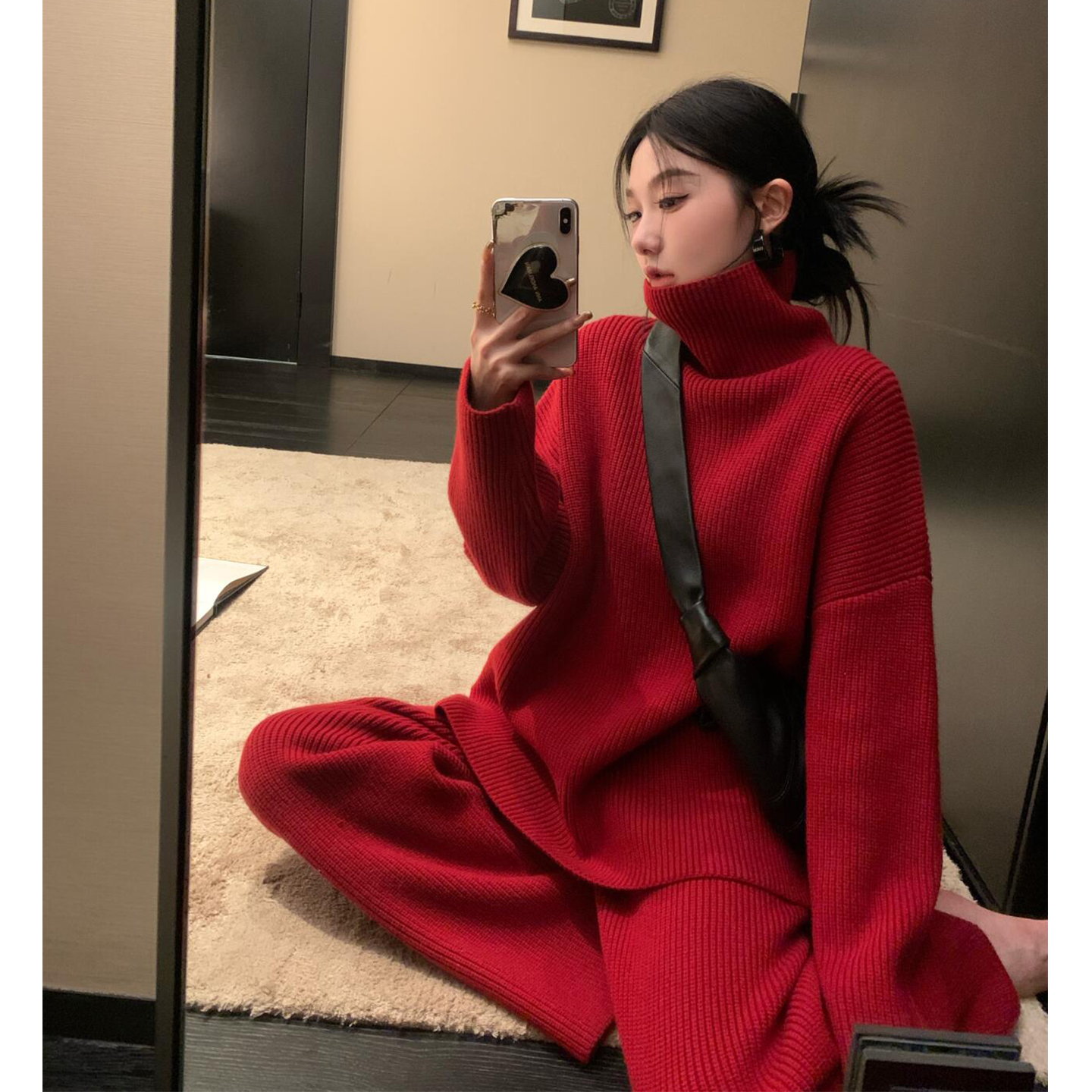 过年穿搭红色战袍针织毛衣套装裤